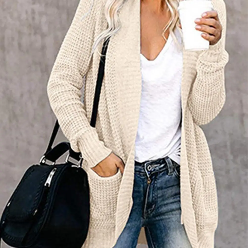 

Шикарный простой Повседневный женский свободный длинный свитер, пальто, женский свитер с карманами, манжеты в рубчик, повседневная одежда