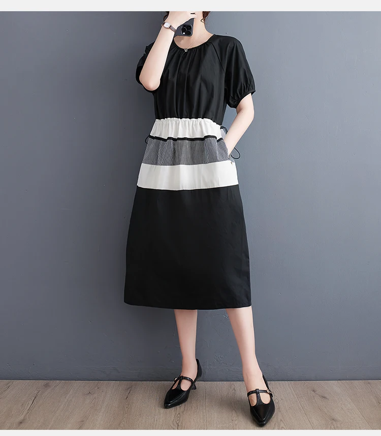 

2023 New Arrival Striped Patchwork Short Sleeve Loose Summer Dress Office Lady Work Dress Fashion Women Travel Casual Midi Dress