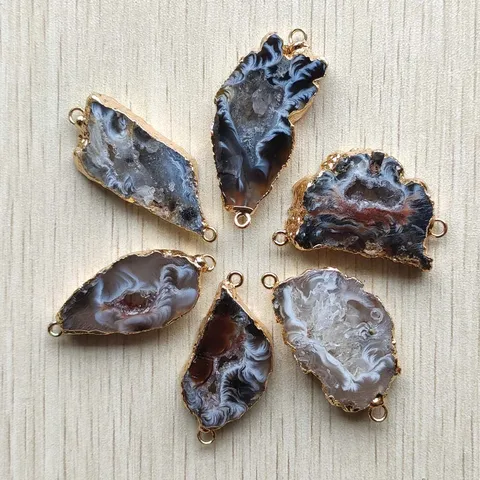Натуральные агаты с позолоченными краями, ломтик с открытым жеодом, нерегулярные подвески, разъем для изготовления ювелирных изделий, 6 шт