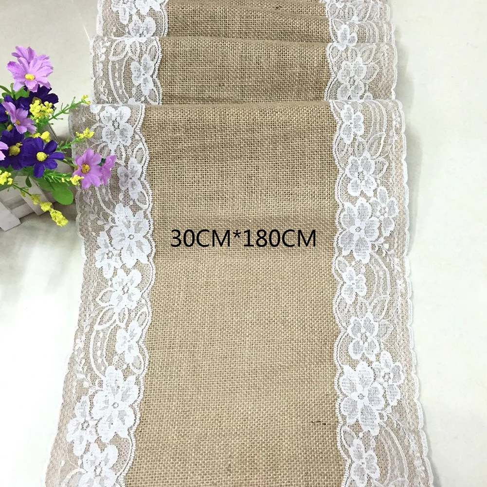 Vintage Burlap Hessian Table Runners Wedding Decoration Jute Linen Lace Rectangular Dining Tablecloth Home Table Decor