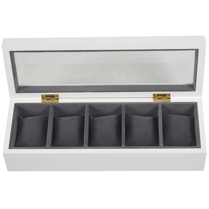 

White Wooden 5 Slot Watch Box Black Flannel Small Pillow Pad Display Watch Storage Box