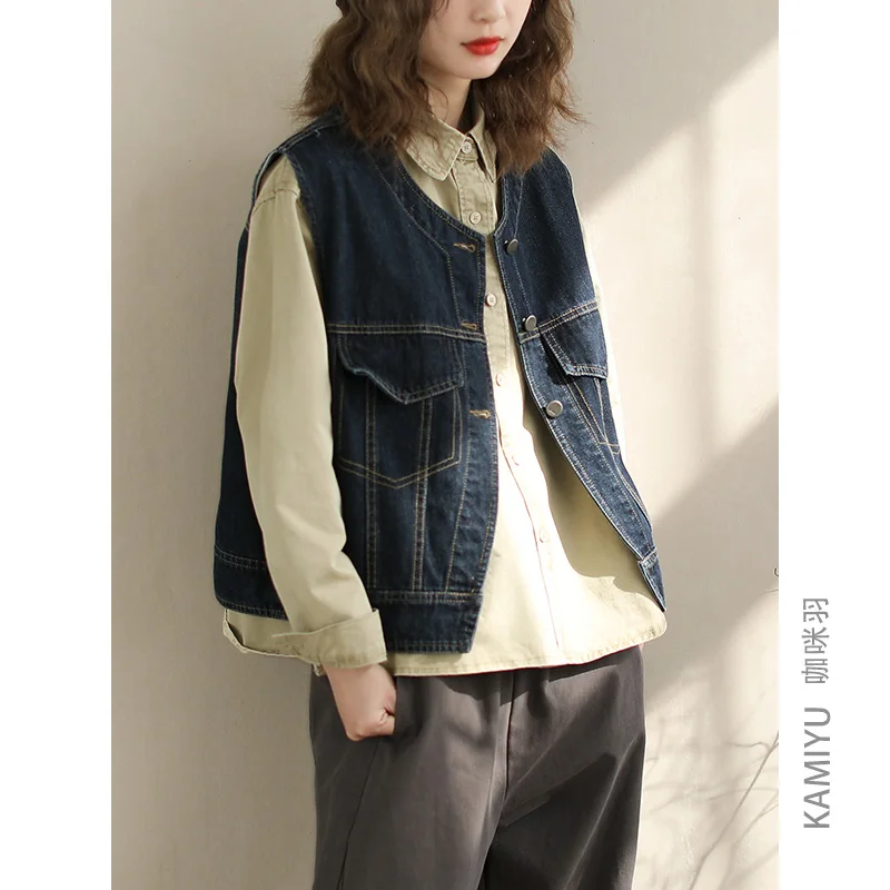 Осенний новый джинсовый жилет в стиле ретро маленький свободный уменьшающий