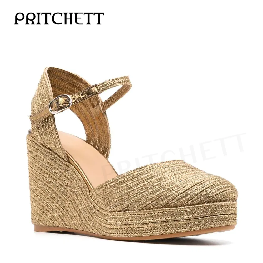 Gold Wedge Heel Espadrilles Round Toe Wedge Hollow Baotou High Heels Fashion Ankle Buckle Banquet Temperament Women's Shoes