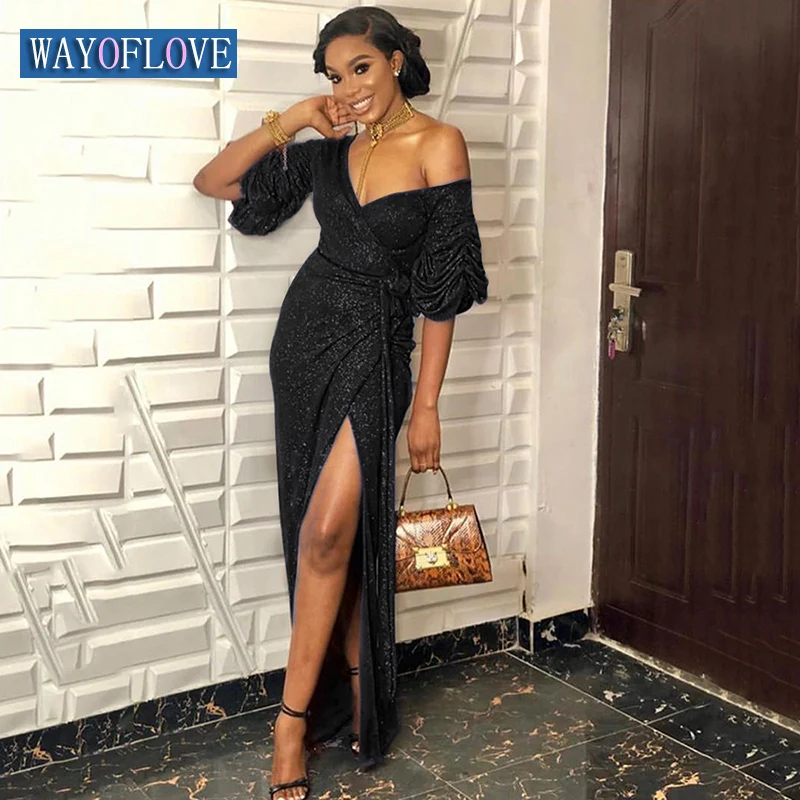 

WAYOFLOVE Woman Sexy Bright Silk Long Dress Party Club Elegant Socialite Solid V Neck High Waist Vestids Slim Bridesmaid Dresses