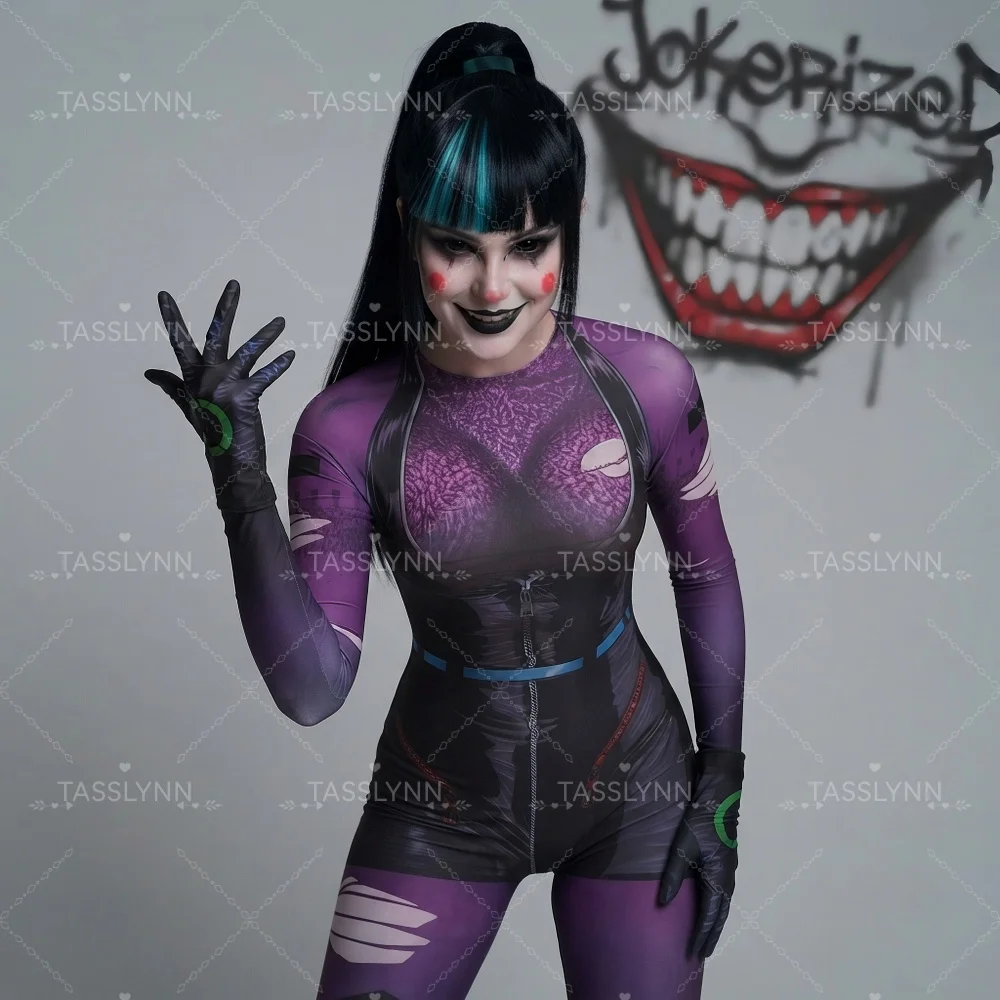 Фото Костюм для косплея Cyber Punk Clown Girl Punchline: Фиолетово-черный комбинезон-зентай с принтом, на все тело, для Хэллоуина №1
