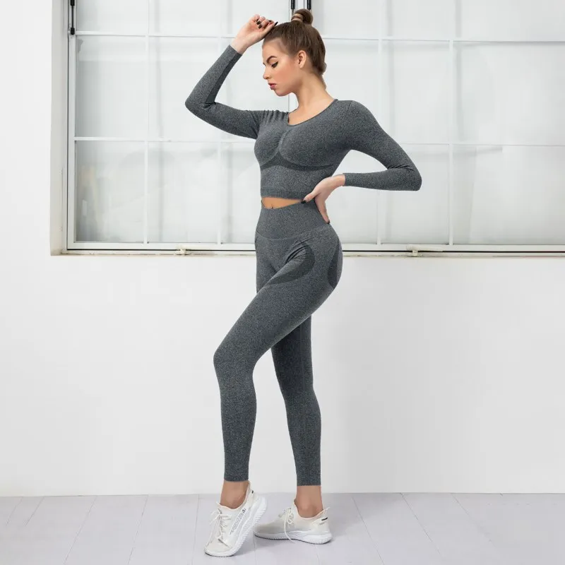 Women Solid Color Yoga Sets Bubble Butt Sports Pants+Cropped Long Sleeve Tops Workout Running Suits Energy Seamless Fitness Sets