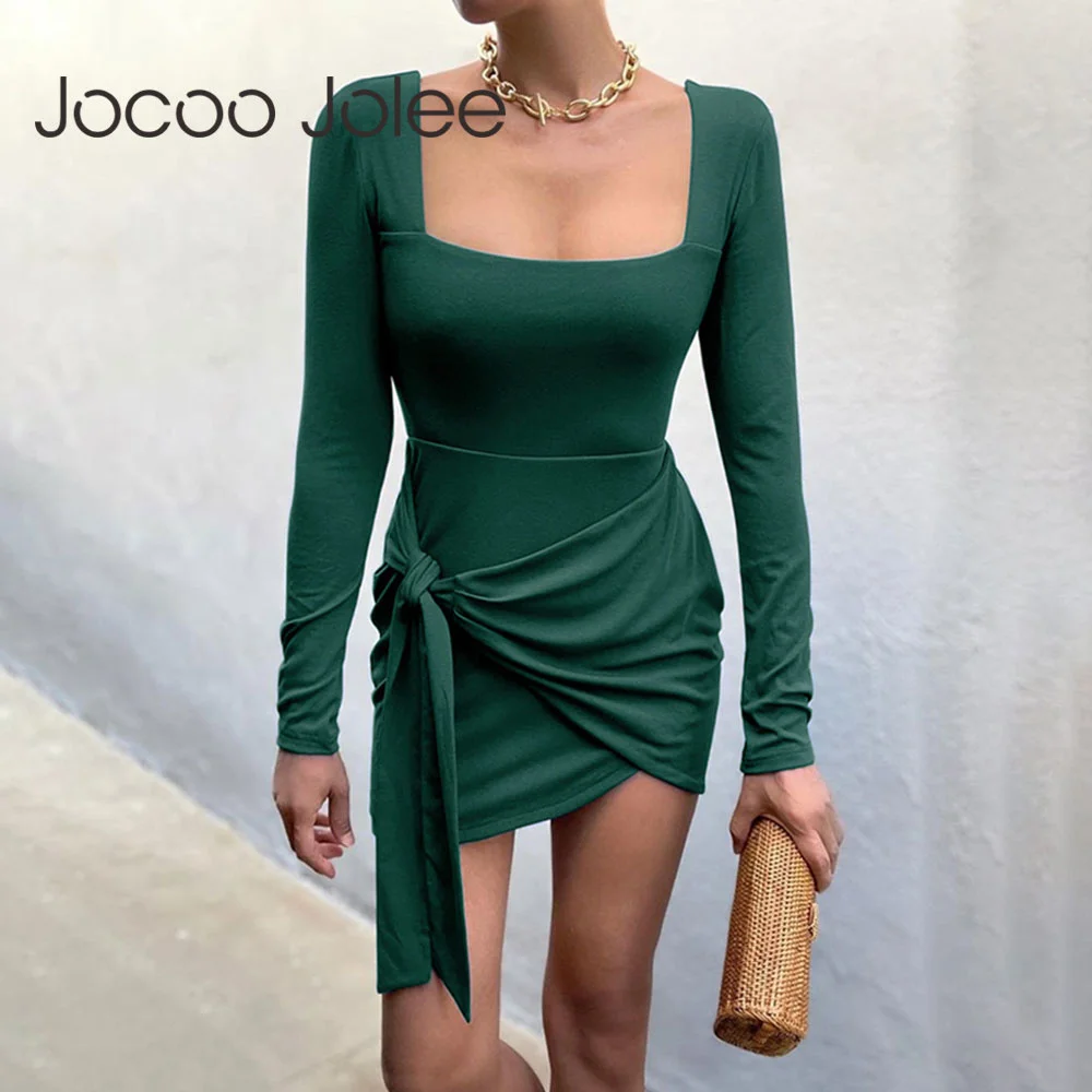 

Женское элегантное Бандажное мини-платье на шнуровке с длинным рукавом, Осеннее повседневное однотонное облегающее платье с квадратным вырезом, сексуальное Клубное платье неправильной формы
