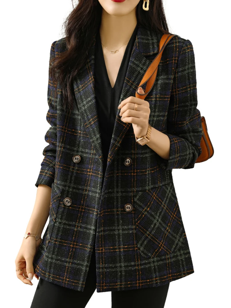 Wholesale High-quality Winter Thick Plaid Tweed Coat Women Dropship Vintage Office Lady Style Jacket Fashion Outwear Blazer