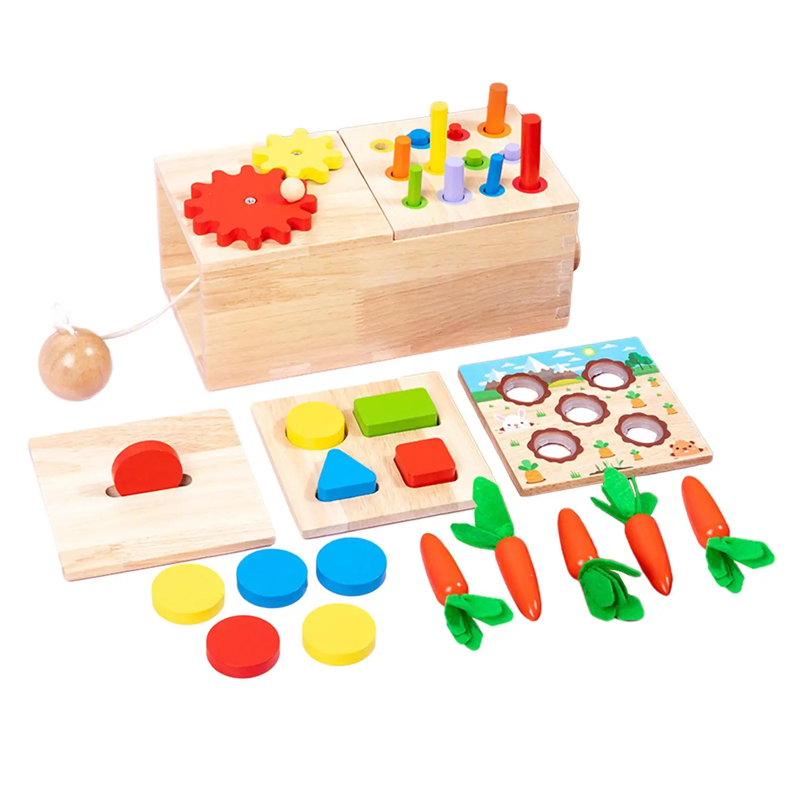 

6 in 1 Wooden Play Set Pound Ball Montessori Toy Object Permanence Box Carrot Harvest for Preschool Children Holiday Gifts