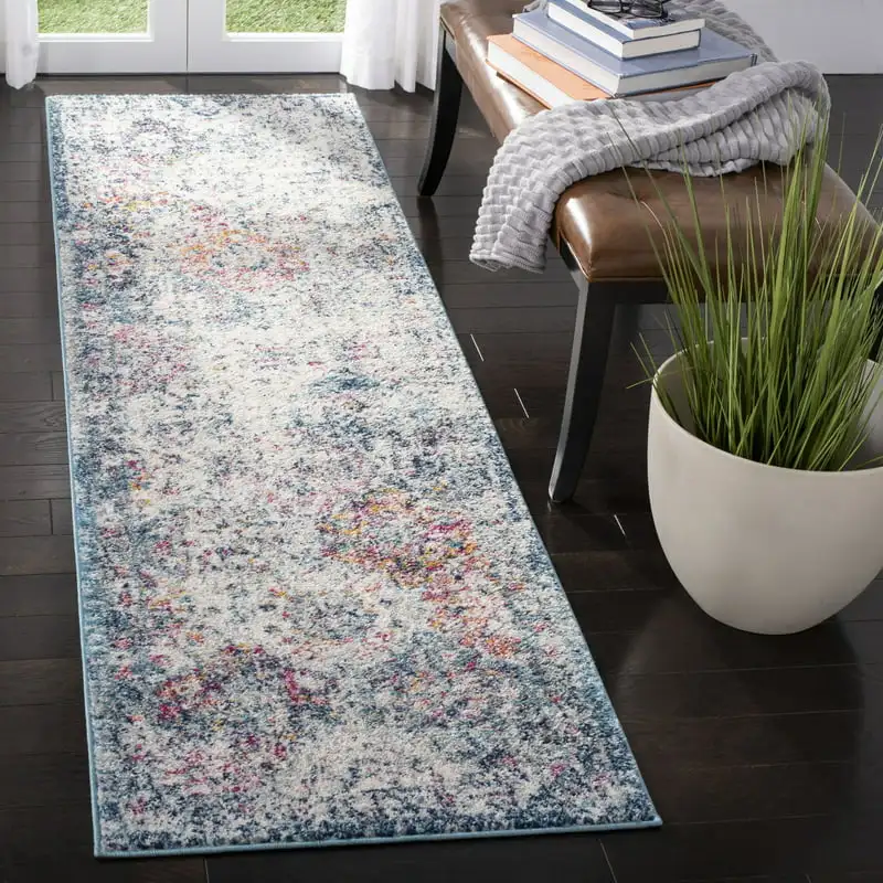 

Elegant Distressed Navy/Teal Runner Rug, 2'3" x 8' -- Durable and Easy To Clean