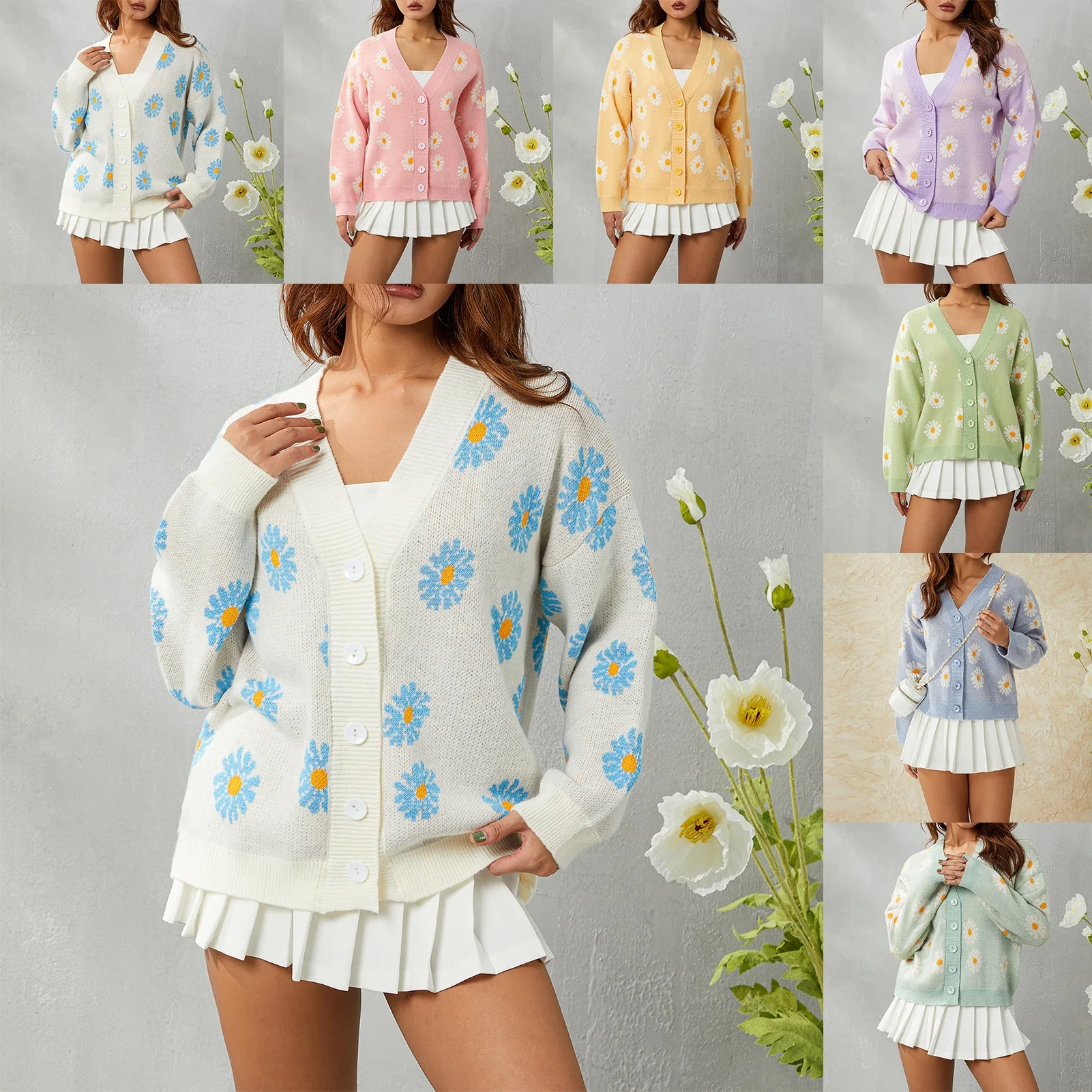 

Spring Autumn Winter Y2K Button Down Sweate Open Front Cardigan Sweater Coat Women's Lazy Wind Daisy Cardigan Top Women Sweater