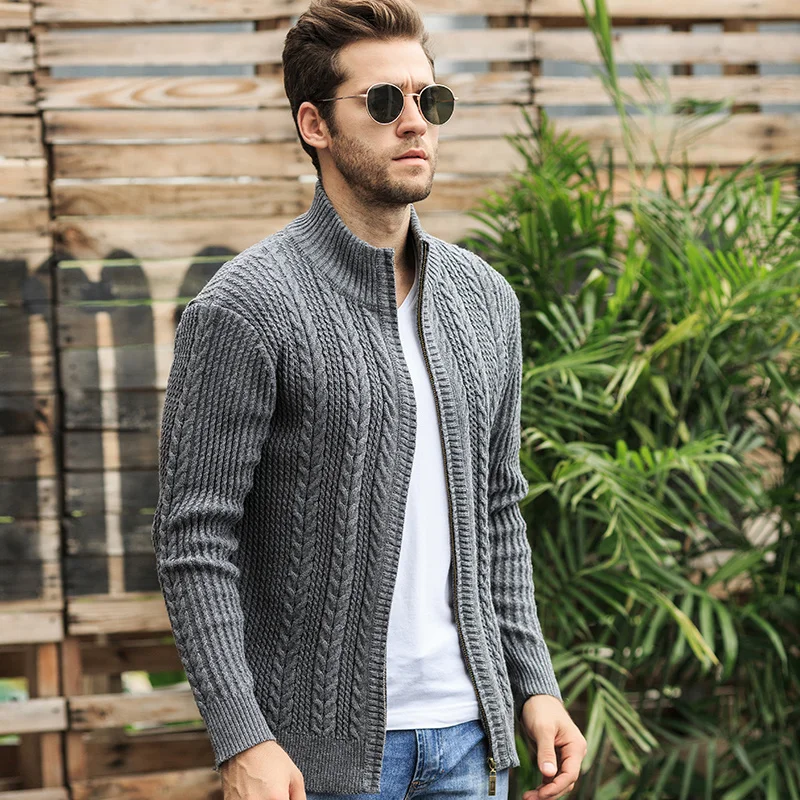 

Autumn Sweater Men Fashion Jacquard Warm Cardigan Men Solid Color Zipper Collar Turtleneck Men M-XXXL Warm Knitted Wear