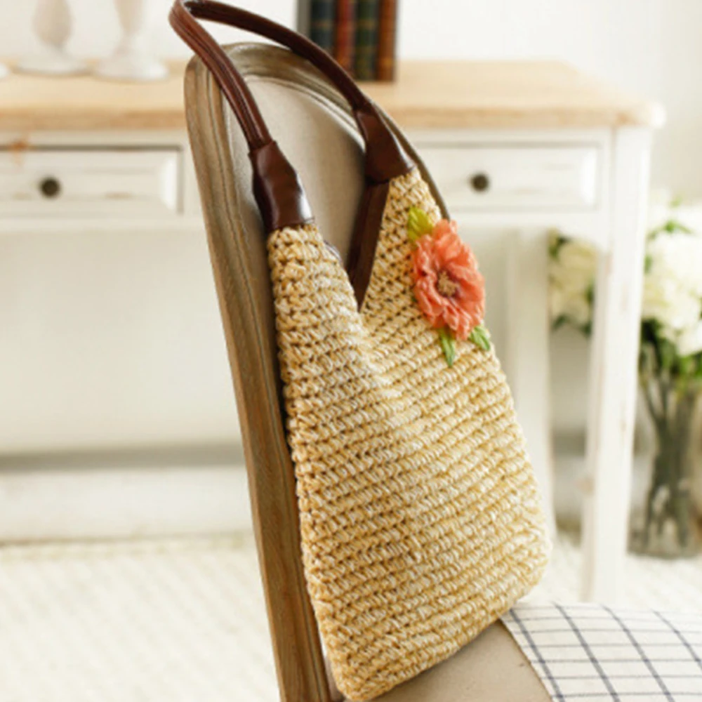 Summer Overlarge Rattan Shoulder Bag for Women Bohemian Flower Woven Straw Bag Purses and Handbags Bali Travel Big Beach Tote