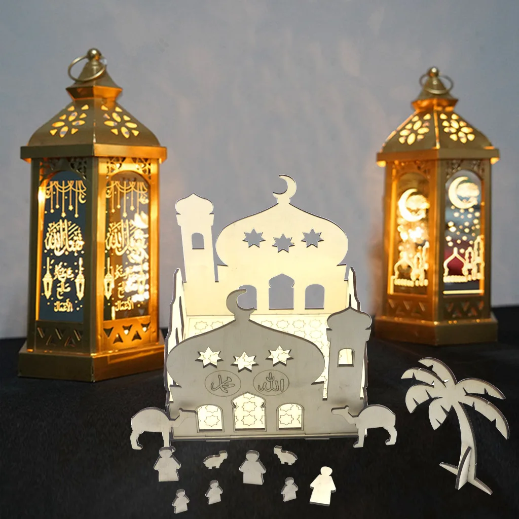 

Wooden Handicraft Ornaments Ramadan Decoration for Home Light 2022 Islamique Eid Mubarak Castle with Lamp DIY Wooden Home Decor