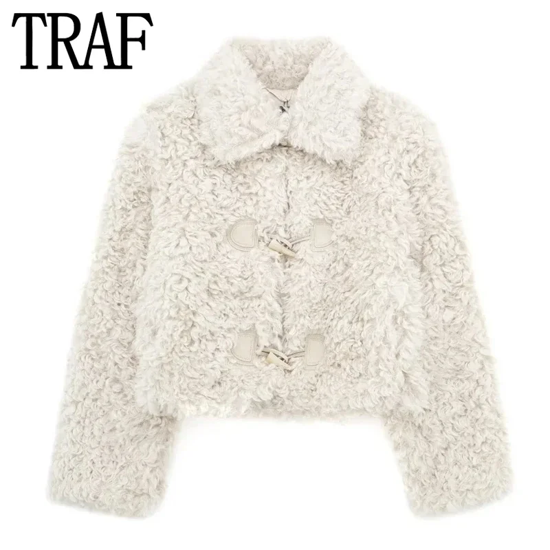 

TRAF Faux Shearling Cropped Jacket Woman 2023 Fluffy Teddy Plush Jacket Women Furry Fleece Short Coats Winter Women's Cold Coat