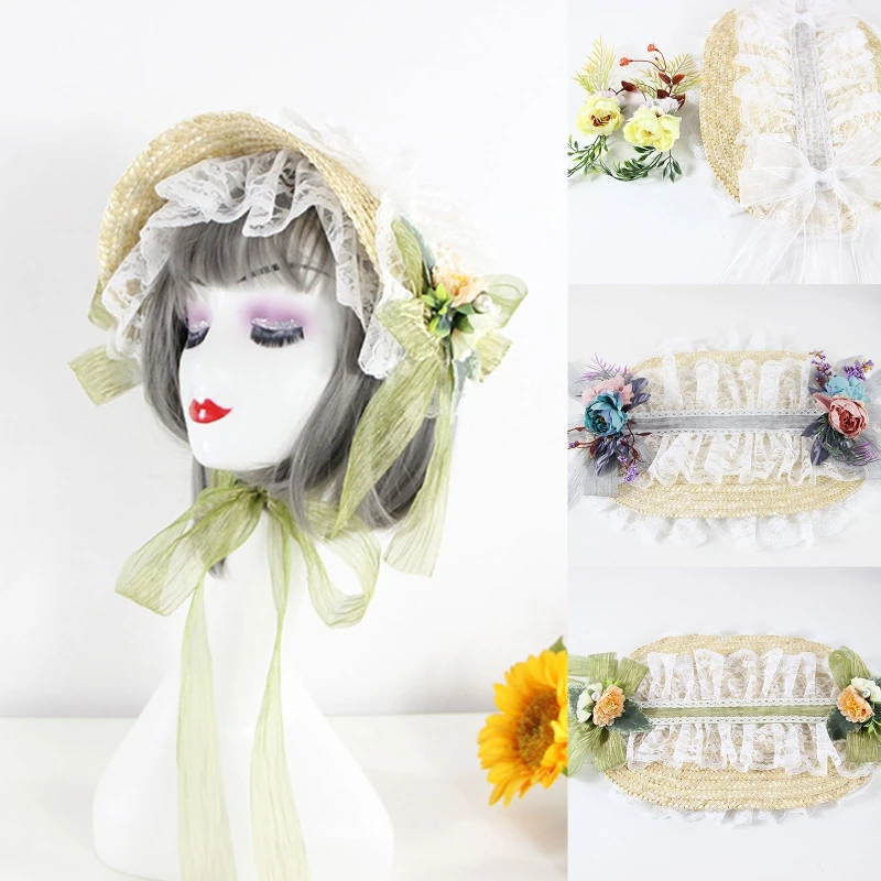 

Summer Lace Flower Flat Top Hat Lolita Hat Sunscreen Straw Hat French Hat Head Accessories for Daily Wear