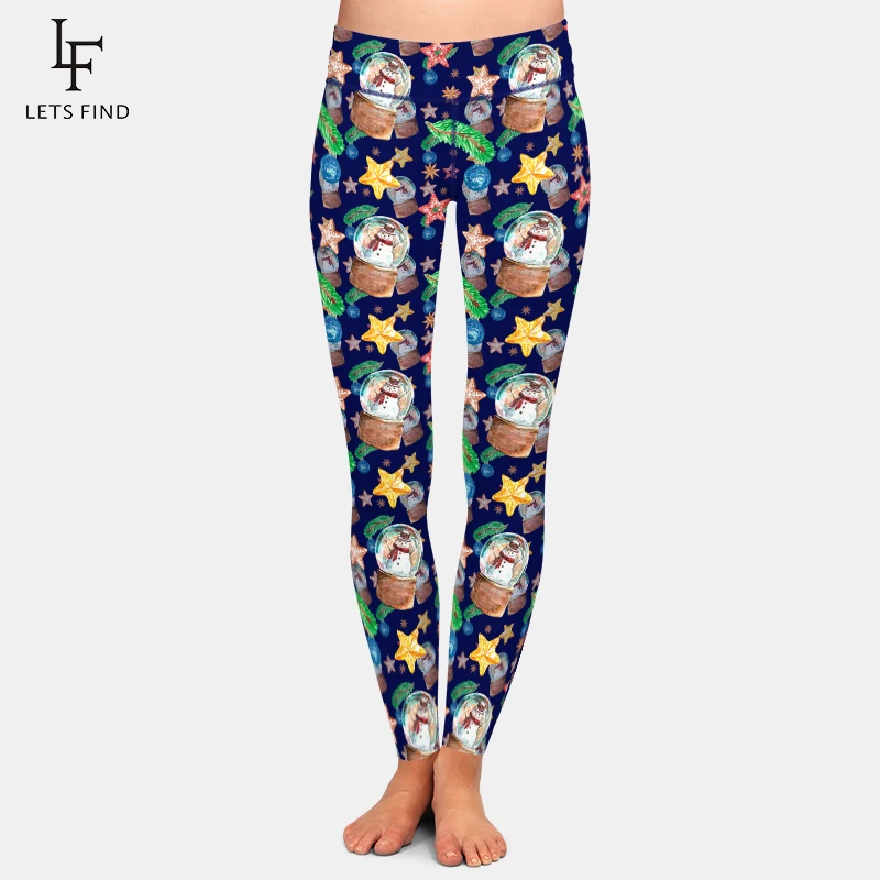 LETSFIND New Fashion Women High Waist Leggings Christmas with Snow Globe and Cute Cartoon Snowmen Print Leggings