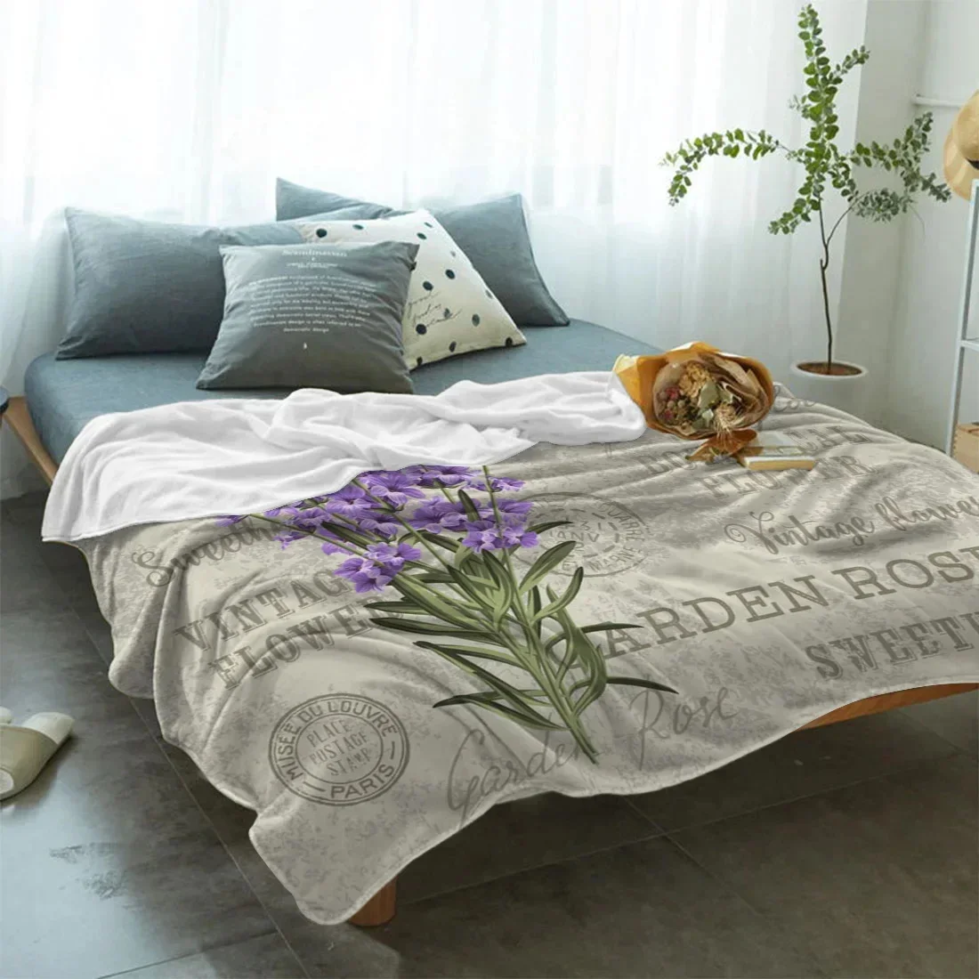Одеяло с принтом листьев лаванды английские слова украшение для дивана-кровати