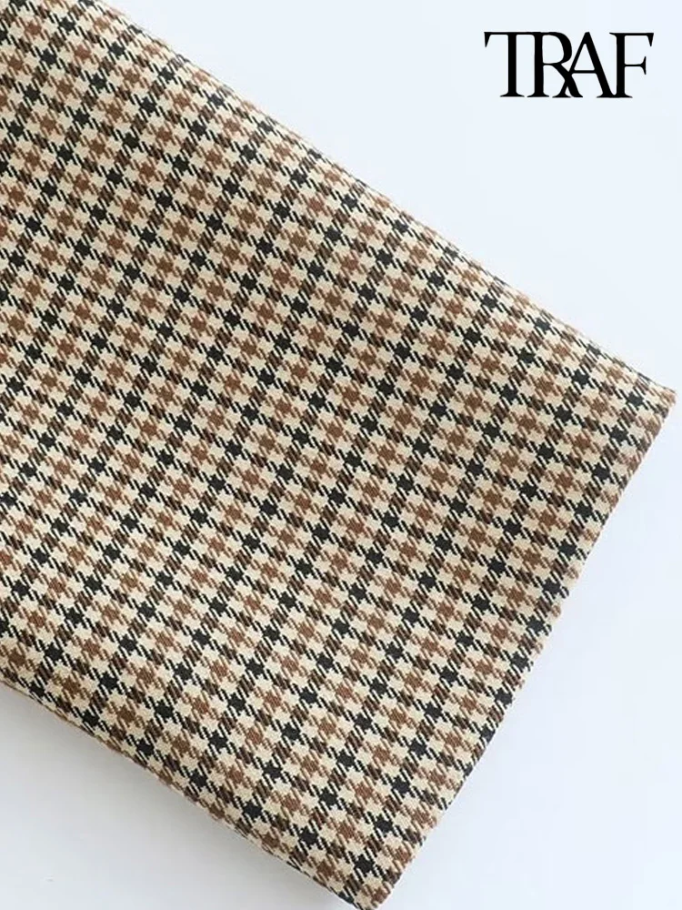 TRAF Women Fashion Double Breasted Plaid Blazer Coat Vintage Long Sleeve Flap Pockets Female Outerwear Chic Vestes Femme