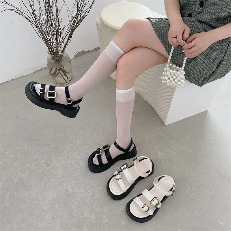 

Summer 2023 Buckles Women's Shoes Black Footwear One Word Sandals for Woman Round Toe Tip with Medium Heels Platform Casual Vip