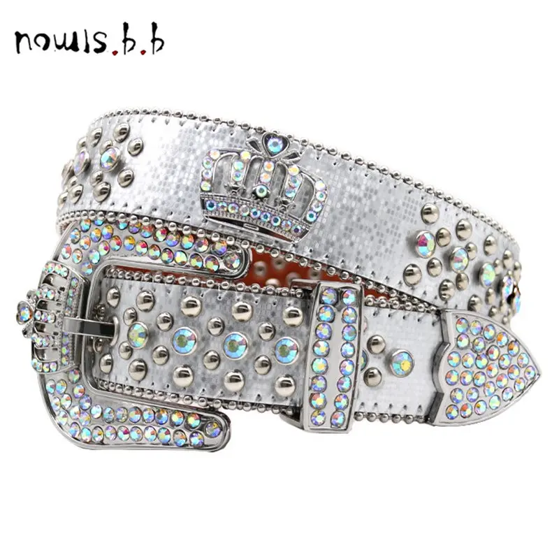 NOWISBB Crown Rhinestone Belts Luxury Strap Western Cowboy Diamonds Bling Belt Men Crystal Studded For Women Men Pants Jeans