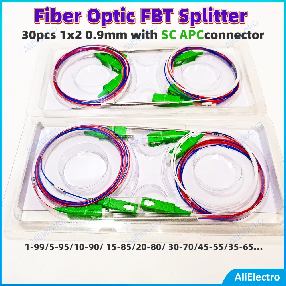 

30pcs/lot Fiber Optic FBT Splitter 1x2 0.9mm with SC APC connector unbalanced coupler 70/30 60/40 Optional Splitter Ratio