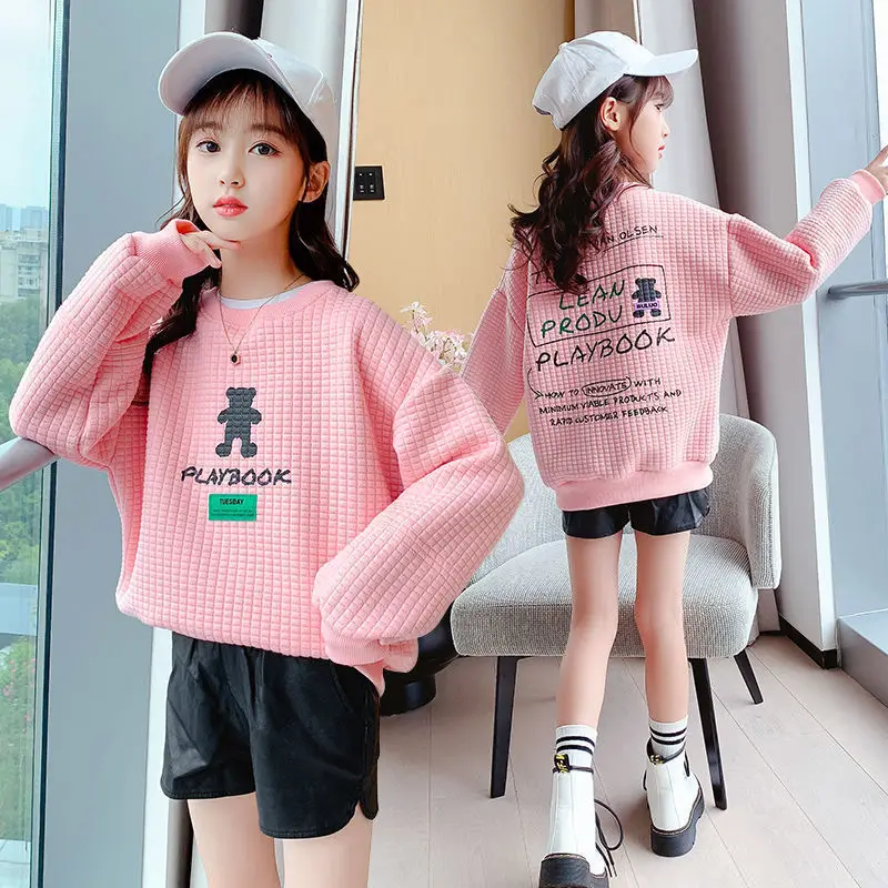 

Girls' Sweatshirts Autumn 2023 New Children's Korean Style All-Matching Waffle Pullover Tops Winter Baby Puls Velvet Hoodie