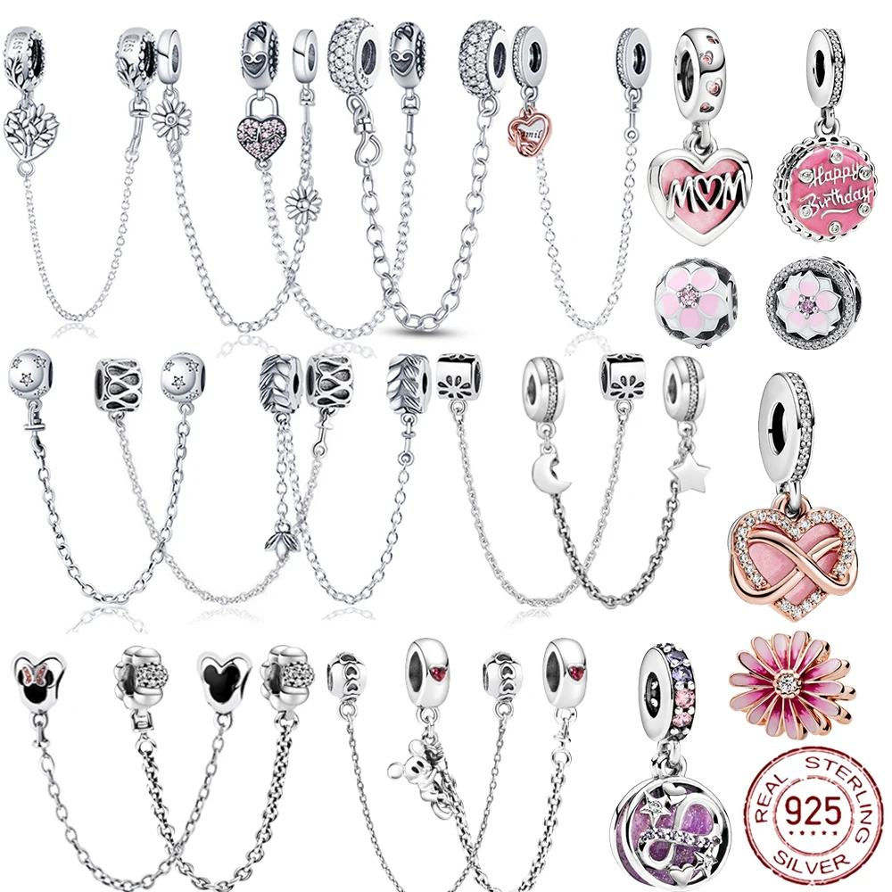 

Hot Sale 925 Sterling Silver 9 models Zircon Safety chain Charms Bead Fit Original Pandora Bracelets Charm Dangle DIY
