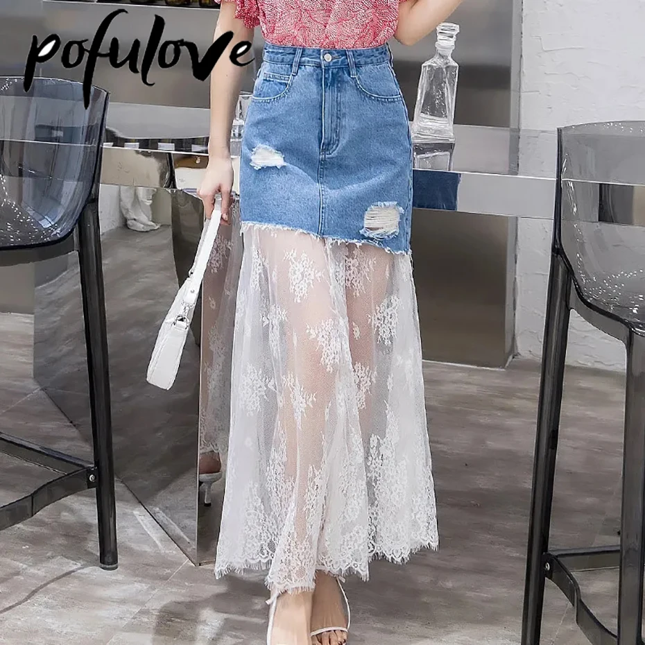 Jean Lace Skirt Woman Y2k Gothic Skirts Harajuku Sexy Pencil Mesh Faldas Denim Ripped Spring Summer |