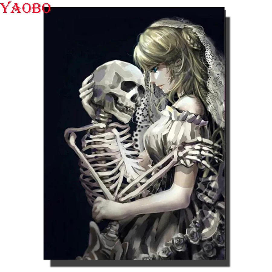 

Алмазная 5D Вышивка «сделай сам» с изображением черепа и девушки, обнимающая полноразмерная круглая Алмазная картина, хобби и ремесла, украш...