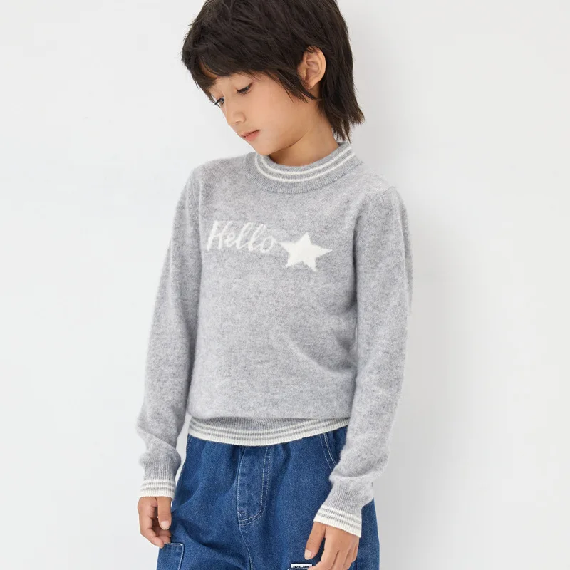 Новинка Зима 100% шерсть детский пуловер с круглым вырезом рубашка свитер