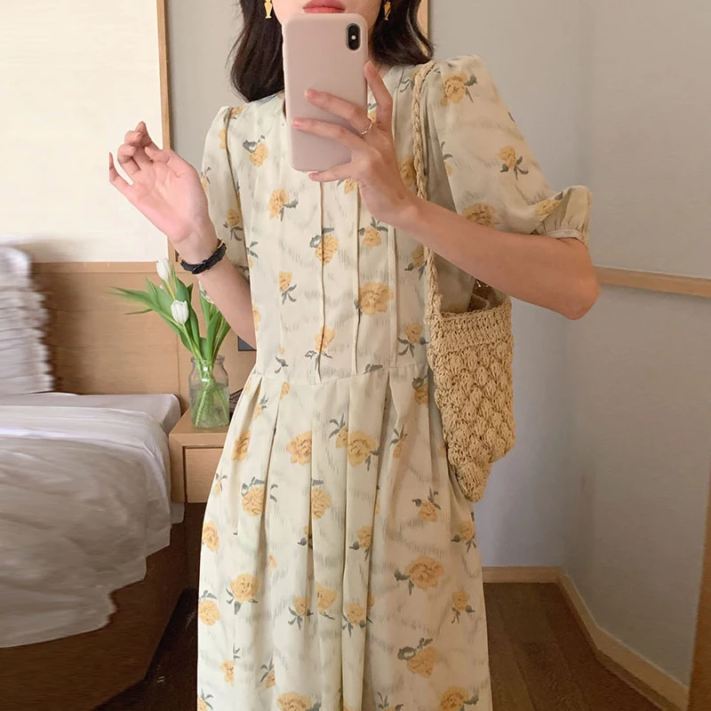

Summer Printed Long Dress Korean Fashion Chic Elegant Gentle Simple Round Neck Pleated Waist Thin Puff Sleeve Floral Dresses