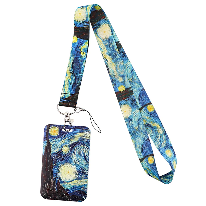 Van gogh Starry Sky Sunflowers Credit Card ID Holder Bag Student Women Travel Bank Bus Business Card Cover Badge Lanyard Straps images - 6