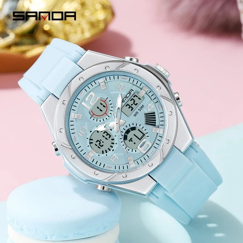 SANDA Sky Blue Watch for Women Analog-Digital Unisex Wristwatch 2022 Fashion Resin Bandwatch Men Watch Luminous Stop Watch 6062