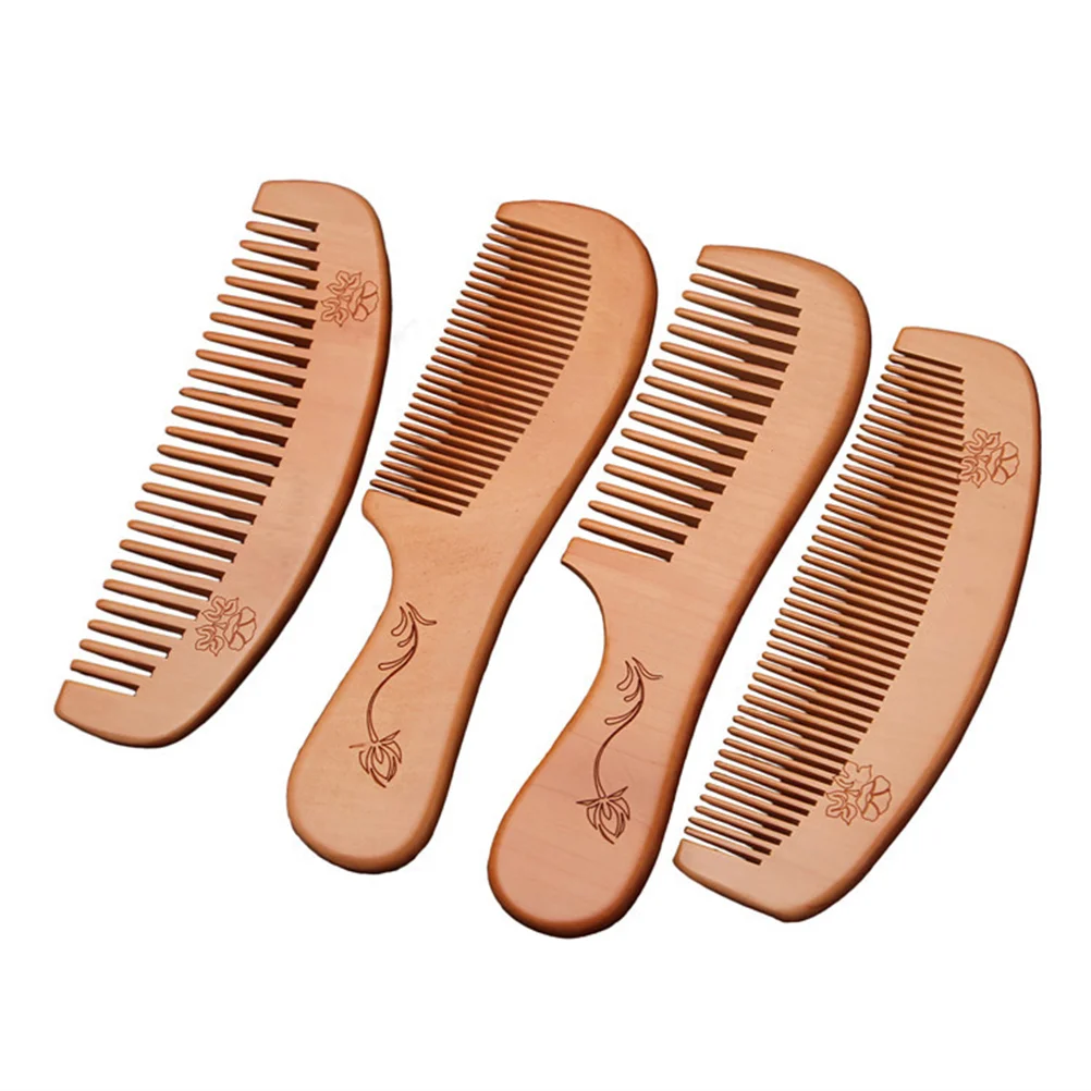 

4pcs Wood Comb Peach Wood Carved Natural Moon Handle Wide Serration Fine Serration Combs