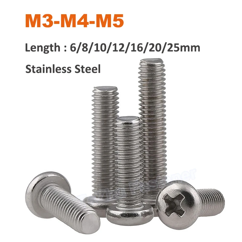 

10-30pcs M3 M4 M5 Length 6-25mm Cross Phillips Pan Head Small Screw Round Bolts 201 Stainless Steel Button Head Machine Screws