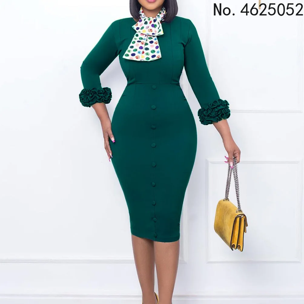 

Осень 2022, Африканское женское однотонное платье до колен с круглым вырезом и обычным рукавом, африканские платья для женщин с галстуком