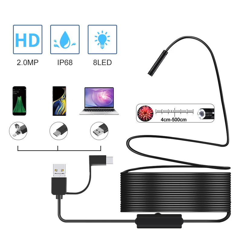 USB Endoscope Type C Borescope for OTG Android 5.5MM/8MM inspection Snake Camera IP67 Waterproof Cable with 6 LED For PC Mac
