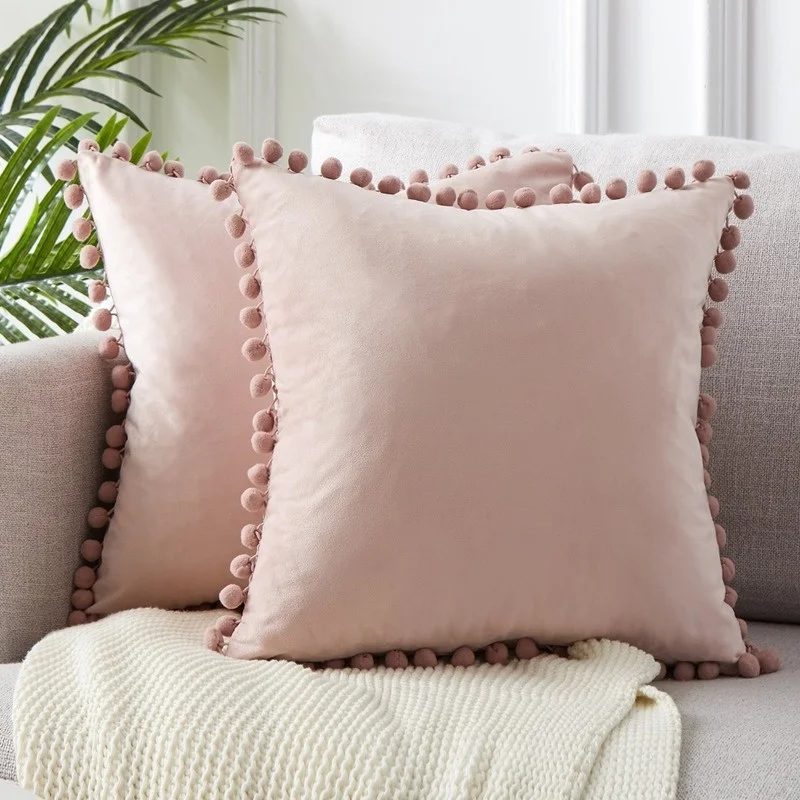 

Green Blue Grey Pink Solid Velvet Decorative Pillows Case Soft Velvet Cushion Cover With Pompom Ball Sofa Pillow Cover 30x50cm