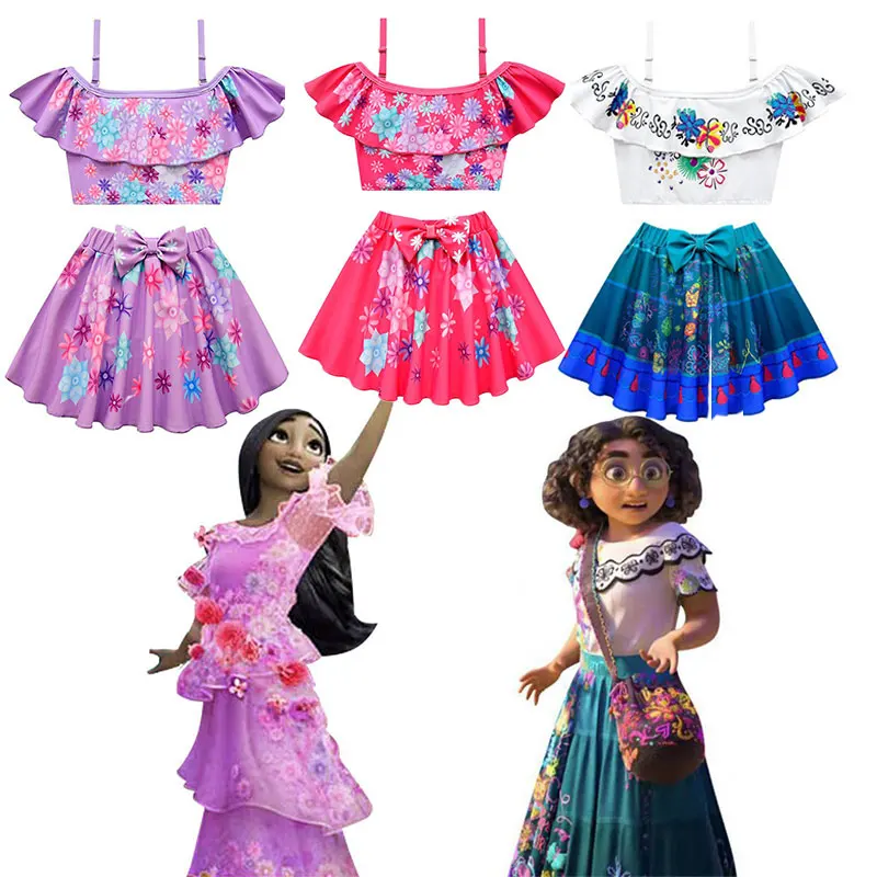 

New Baby Girls Encanto Swimsuit Mirabel Cosplay Swimwear Kids Two Pieces Bathing Suit Children Cartoon Beach Wear Ruffles Bikini