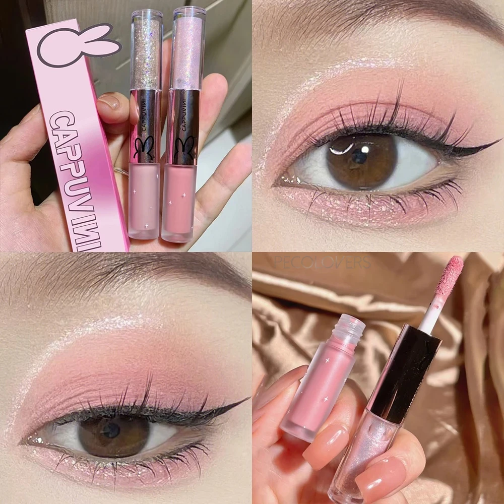 

Double-head Peach Glitter Liquid Eyeshadow Contour Blush Pigment Silkworm Shimmer Matte Natural Cheek Shadow Cream Eye Makeup