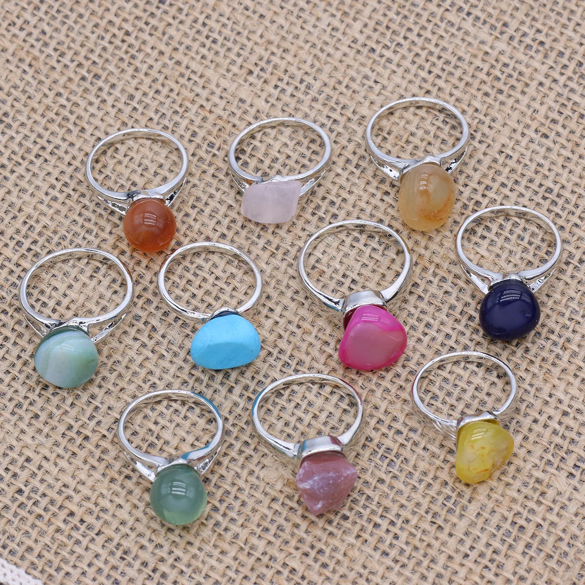 

10Pcs Natural Stone Agates Rings Irregular Polished Multicolored Stone Finger Ring for Women Girls Party Elegant Jewellery Gifts