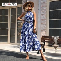 movokaka woman summer sexy neck mounted long dress elegant party blue print sashes hollow vestidos casual holiday beach dresses