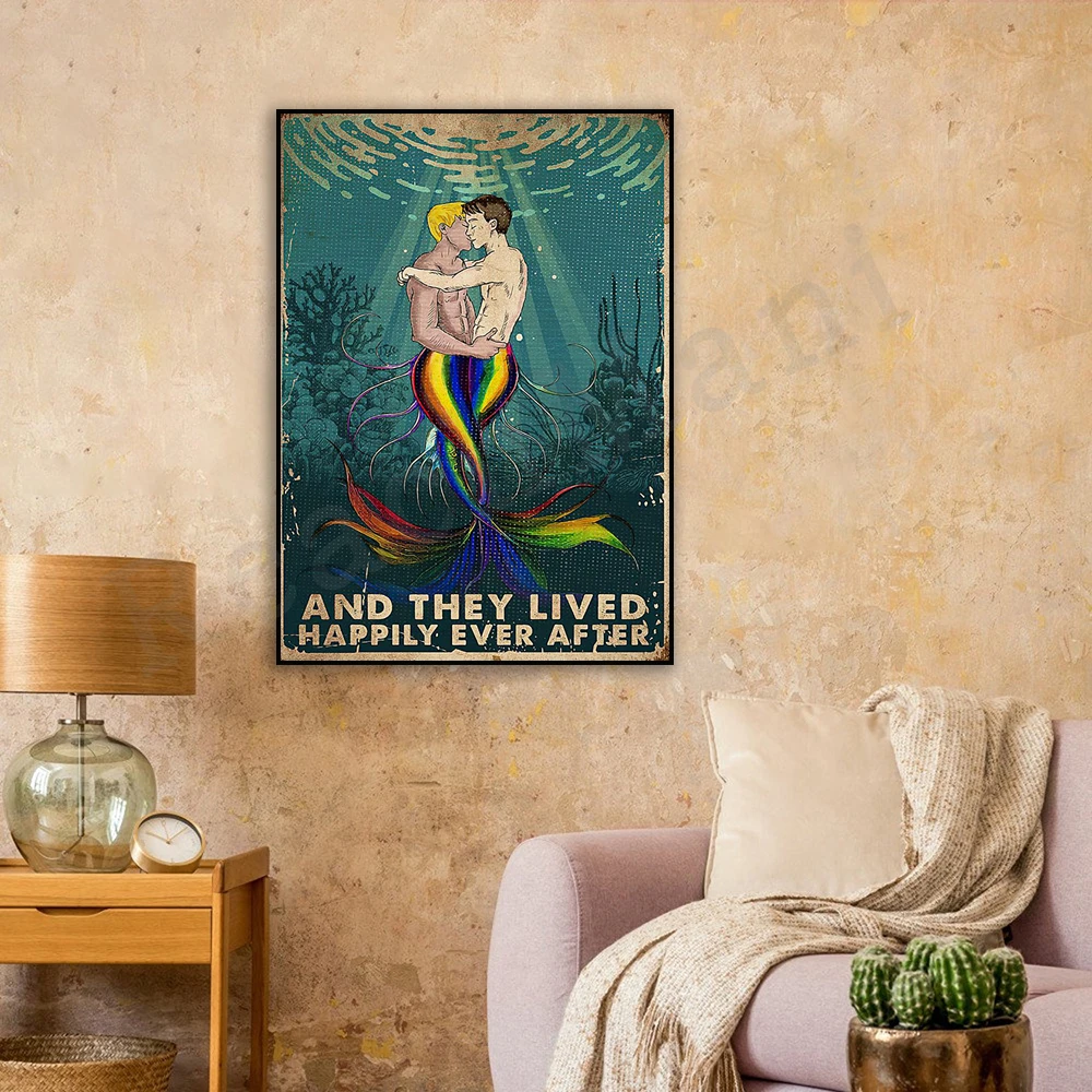 

Русалки ЛГБТ, «они жили счастливо и счастливо после», настенное искусство для геев, Ретро Русалка, морской синий плакат