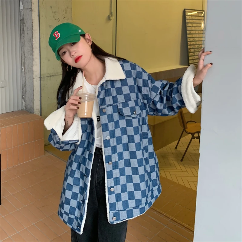 

New Fashion Women Autumn Winter Coat High Street Loose Mid-length Checkerboard Denim Jacket Stitched Lamb Fleece Padded Jacket