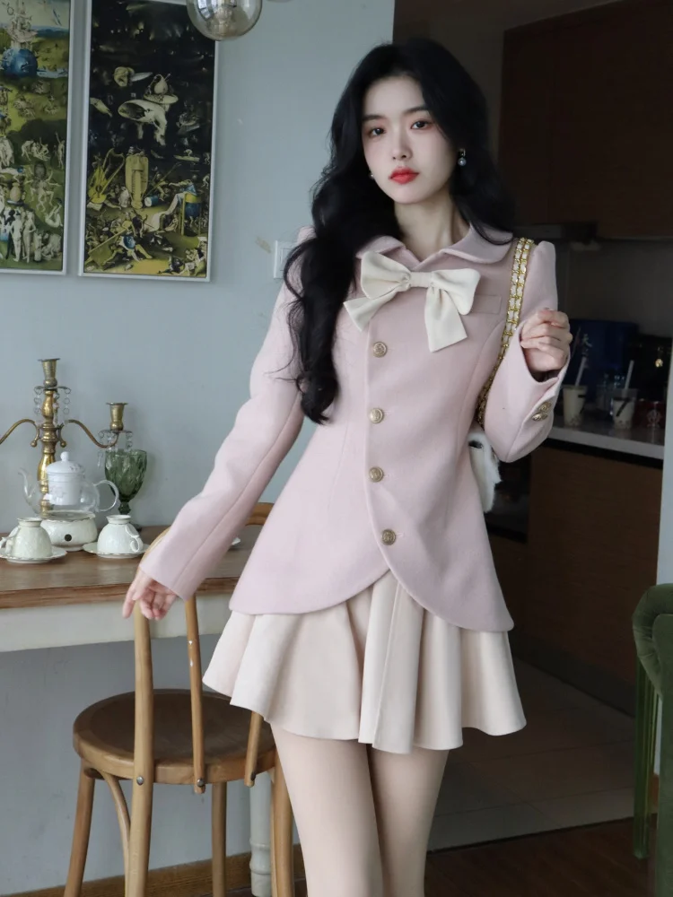 

2022 Korean Style Sweet Cute Dress Warm Winter France Vintage Dress Pink Kawaii Elegant Party Mini Dress Women Long Sleeve Coat