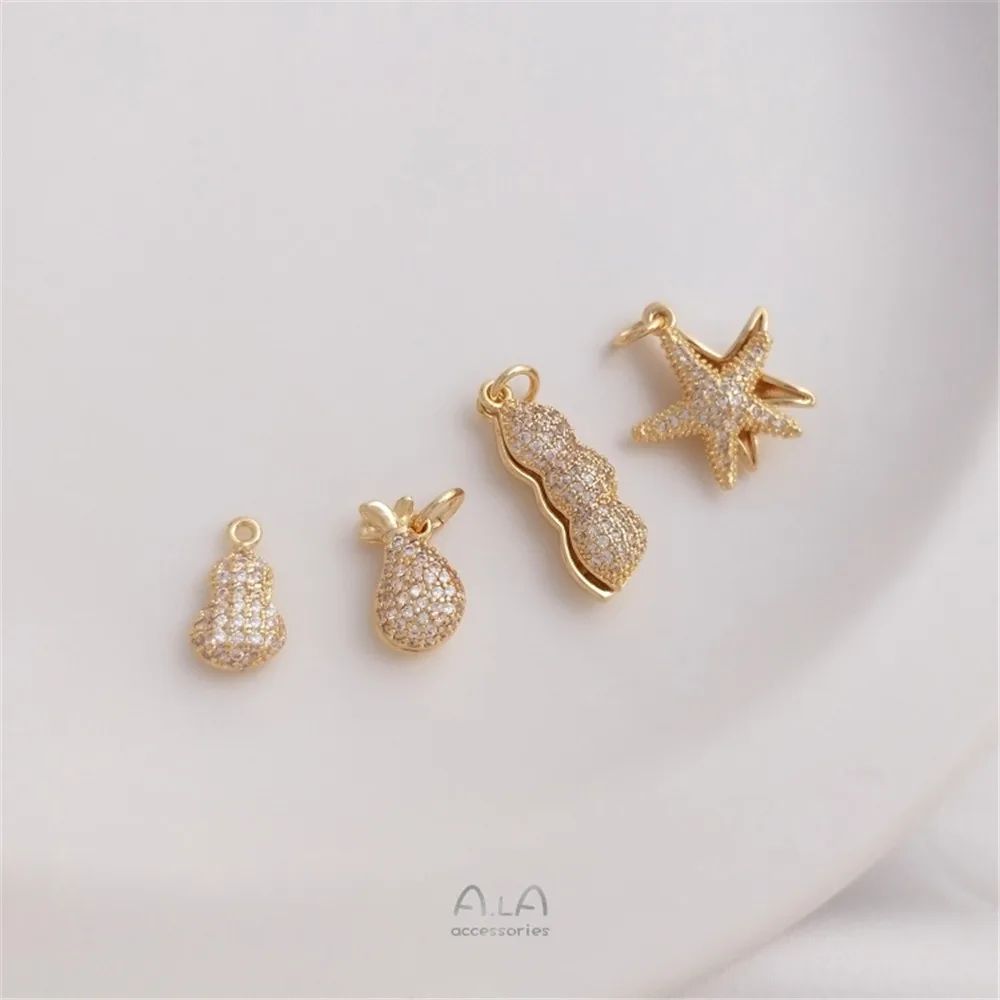

Micro-inlaid zircon 14K gold gold color beaded money bag peanut starfish pendant Diy half hole bead bracket pendant