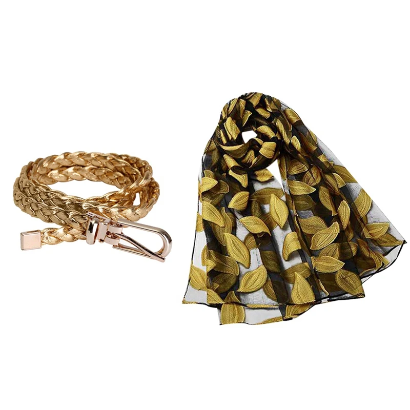 

ASDS-Women PU Leather Narrow Thin Buckle Strap Waist Belt With Womens Wrap Organza Gauze Scarf
