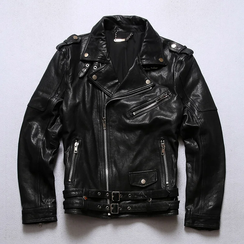 

Free shipping.wholesales.men cool tanned sheepskin jacket.fashion biker quality real leather coat.black slim popular leather