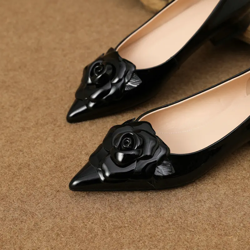 Women Flats Pointed Toe Dress Shoes for Work 3D Floral Slip on Genuine Leather 2.3cm Heeled Comfort Shoes